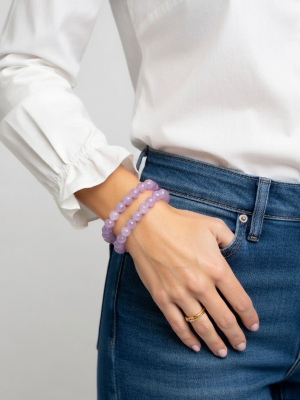 Natural Purple Lavender Quartz Round Beaded Elastic Bracelet Set